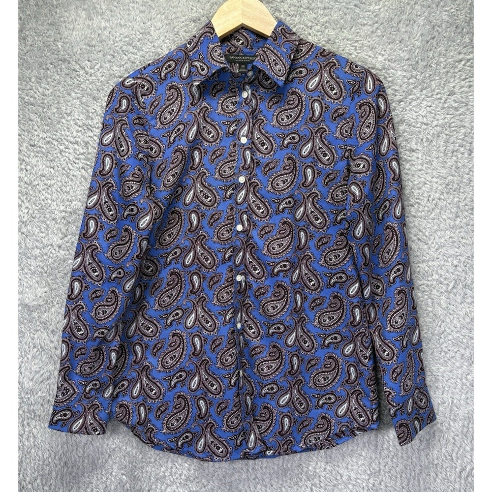 Banana Republic Dillon Shirt Blue Paisley Blouse Womens XS Button Front Career